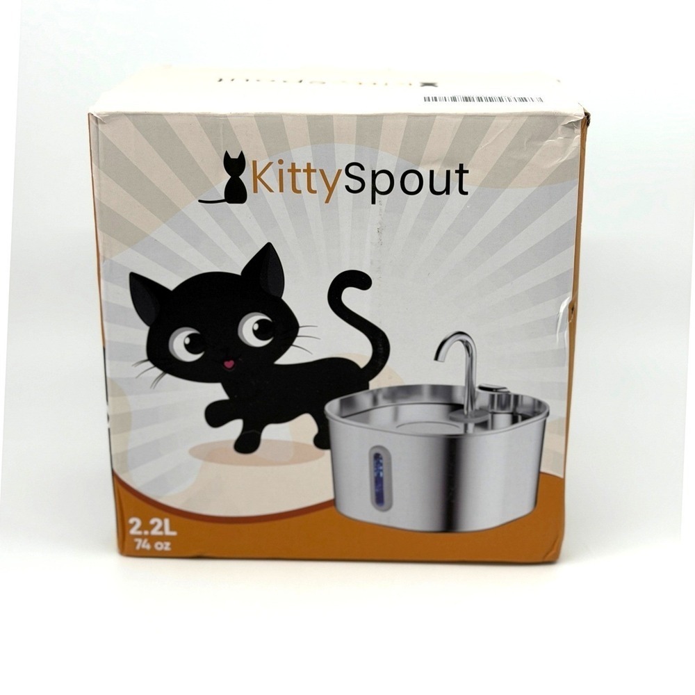KittySpout 2.2L Cat Water Fountain Stainless Steel with 4 Filters EUC